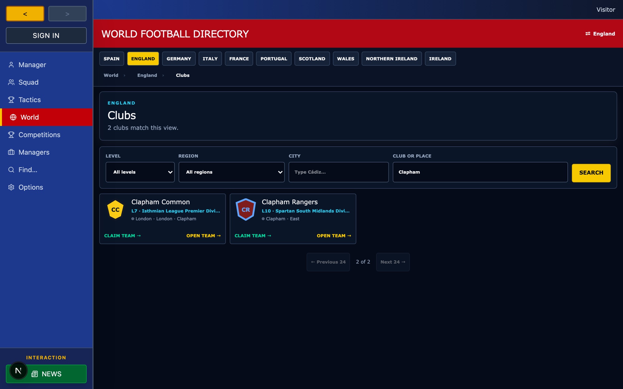 The directory searched for Clapham: Clapham Common in the seventh division and Clapham Rangers in the tenth