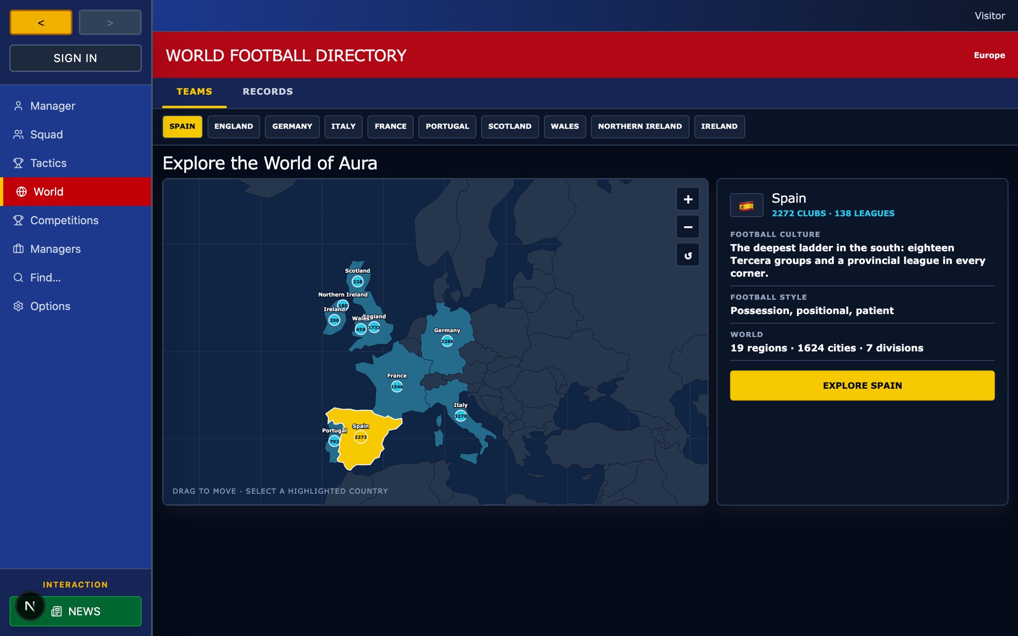 The world directory: a map of ten nations with the number of clubs in each