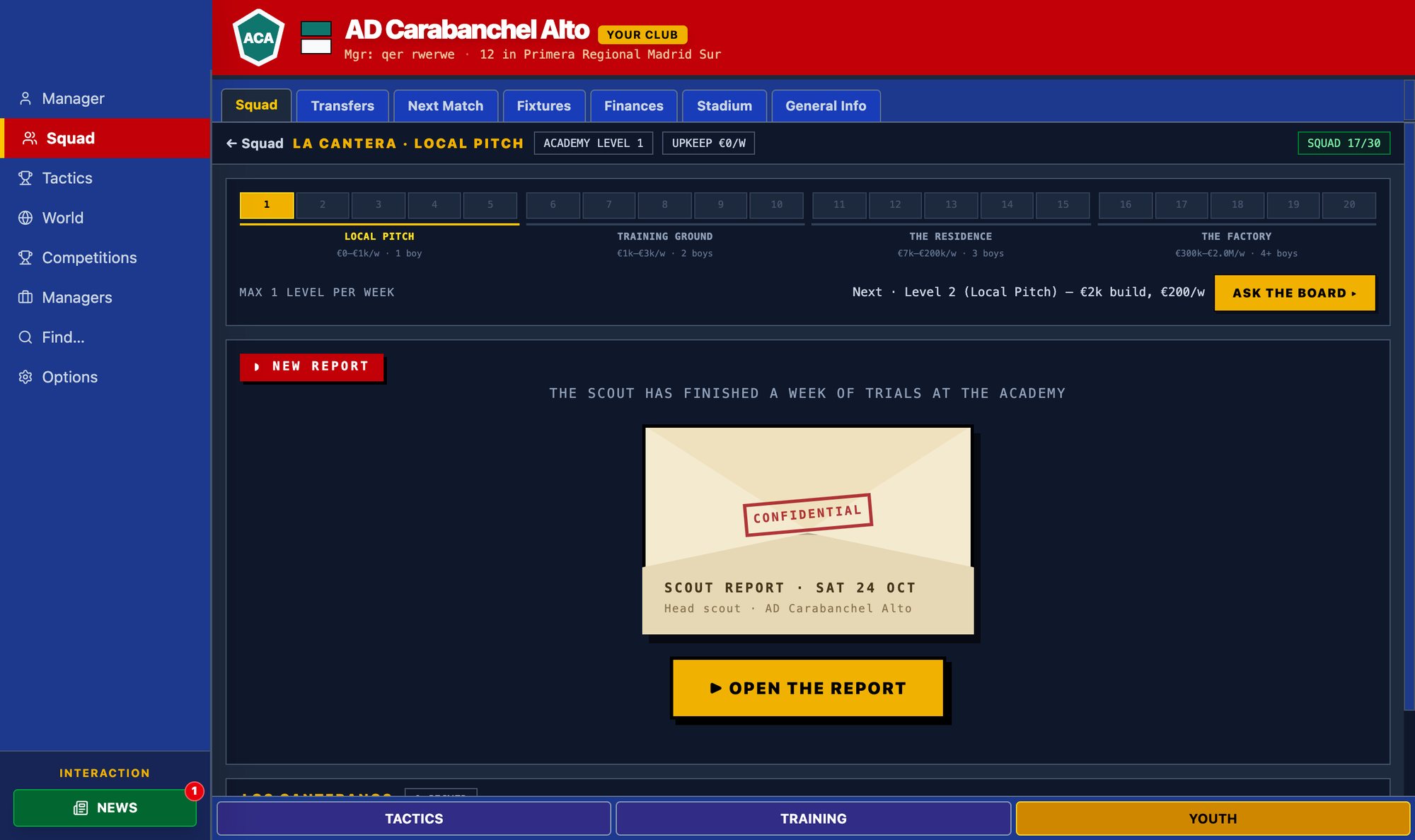 The youth screen: a sealed confidential scout report envelope with an open the report button